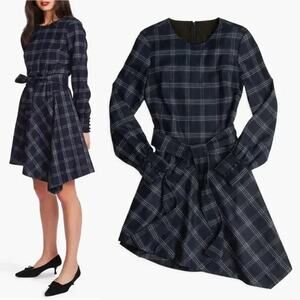 Court & Rowe Navy Plaid Soft Flannel Asymmetrical Hem Long Sleeve Belted Dress